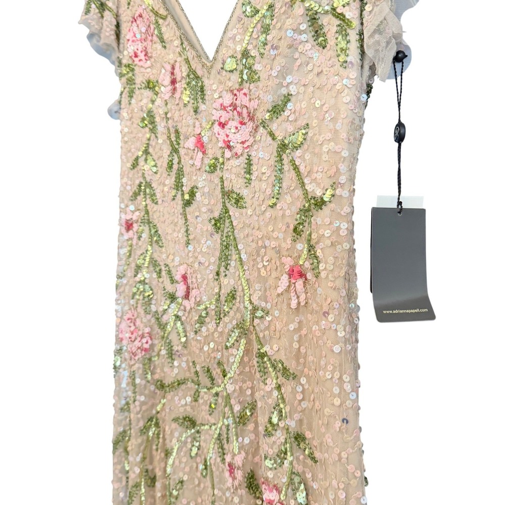 Adrianna Papell Blush Beaded Floral V-Neck Dress